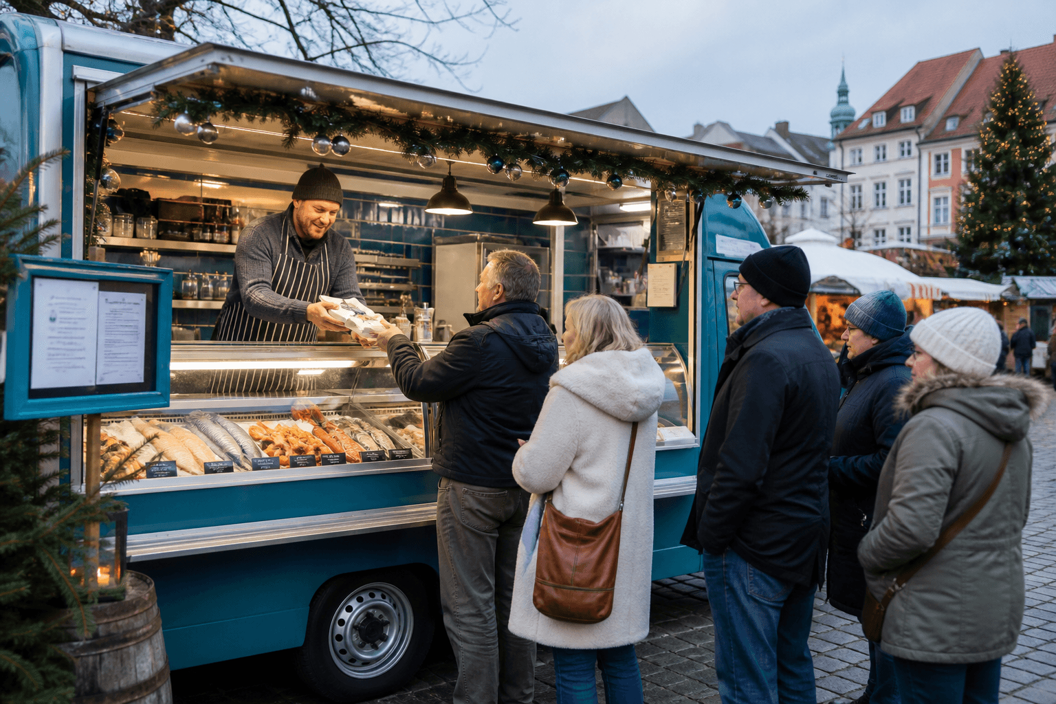 Fischwagen am Marktplatz an einem Feiertag
